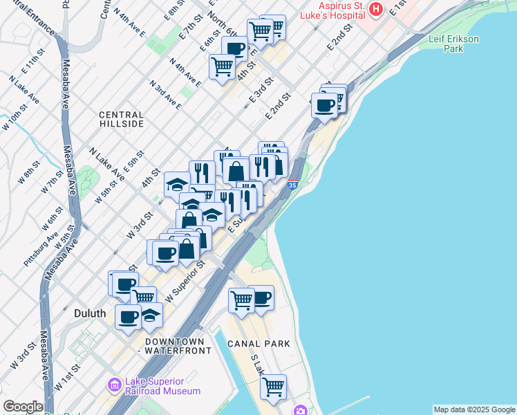 map of restaurants, bars, coffee shops, grocery stores, and more near 211 East Superior Street in Duluth