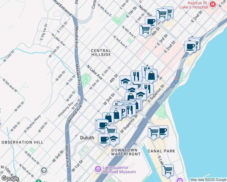 map of restaurants, bars, coffee shops, grocery stores, and more near 325 South Lake Avenue in Duluth