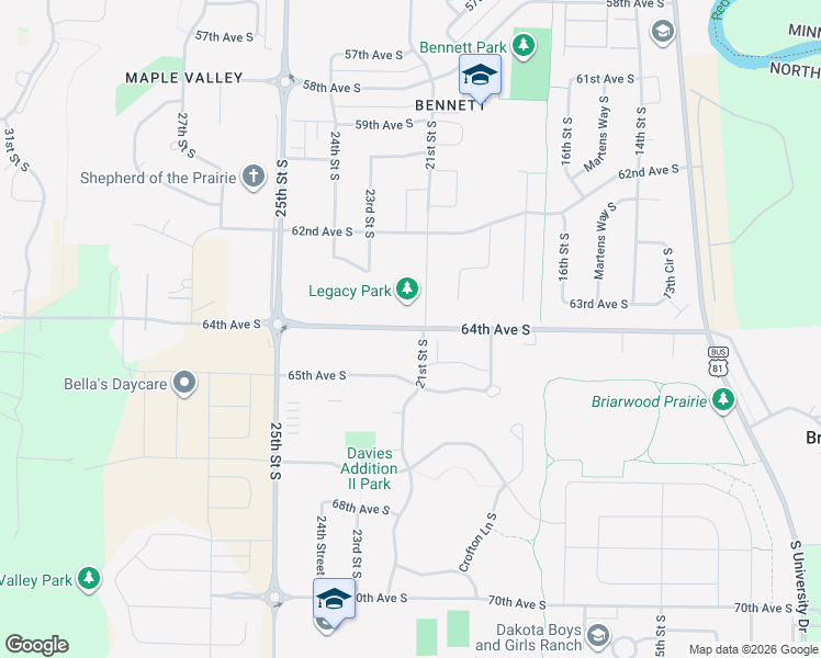 map of restaurants, bars, coffee shops, grocery stores, and more near 2029 64th Avenue South in Fargo