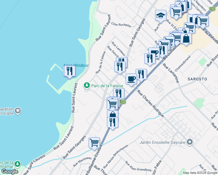 map of restaurants, bars, coffee shops, grocery stores, and more near 4834 Rue Saint-Georges in Lévis