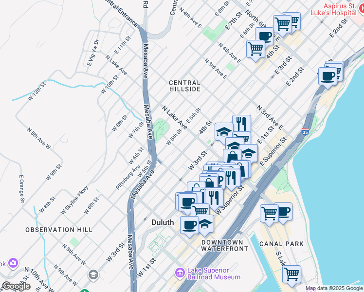 map of restaurants, bars, coffee shops, grocery stores, and more near 25 West 4th Street in Duluth