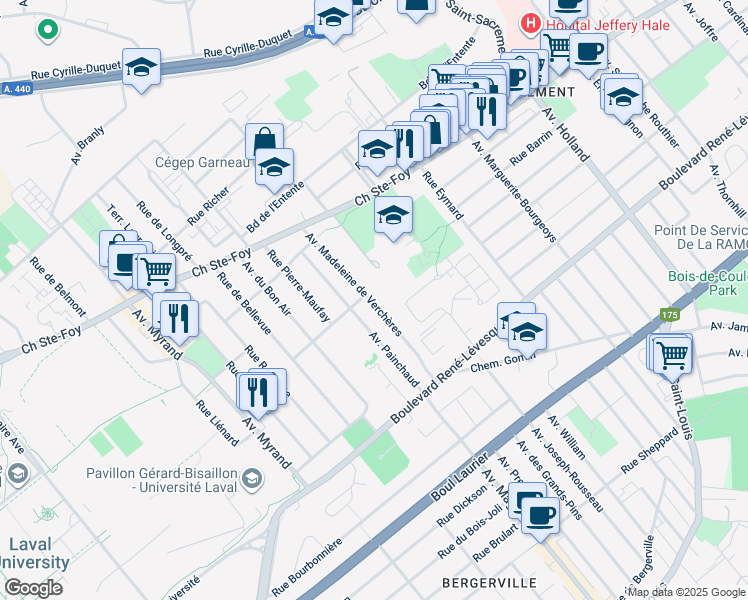map of restaurants, bars, coffee shops, grocery stores, and more near 873 Avenue Madeleine de Verchères in Québec