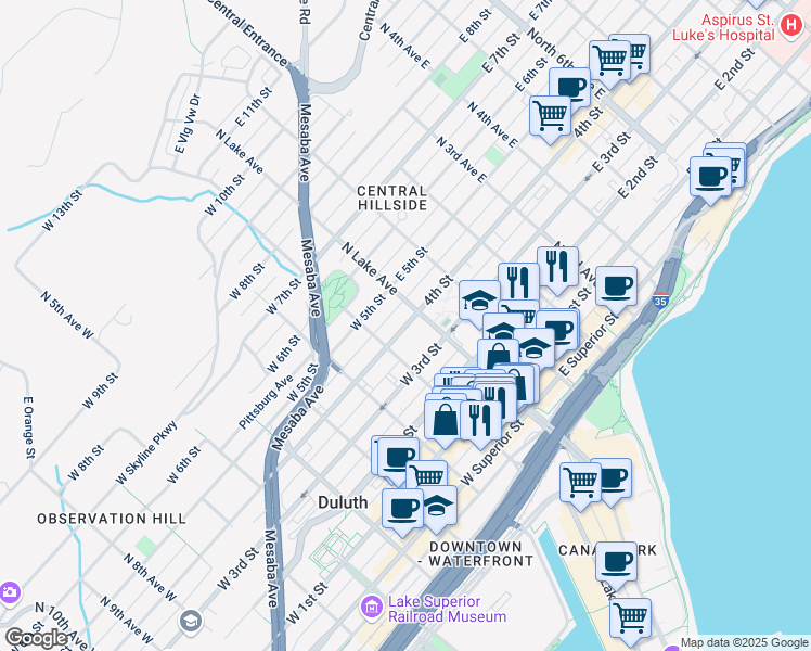 map of restaurants, bars, coffee shops, grocery stores, and more near 13 West 4th Street in Duluth