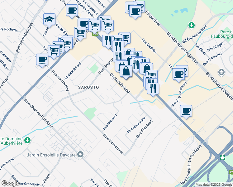 map of restaurants, bars, coffee shops, grocery stores, and more near Rue Fontenelle in Lévis