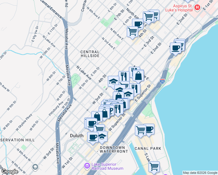 map of restaurants, bars, coffee shops, grocery stores, and more near 3 West 3rd Street in Duluth