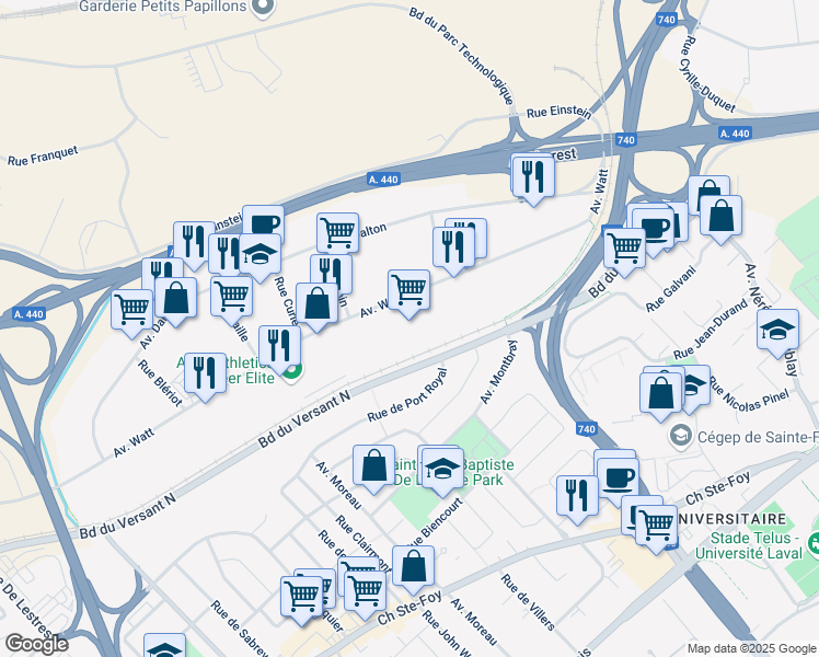 map of restaurants, bars, coffee shops, grocery stores, and more near 2435 Avenue Watt in Ville de Québec