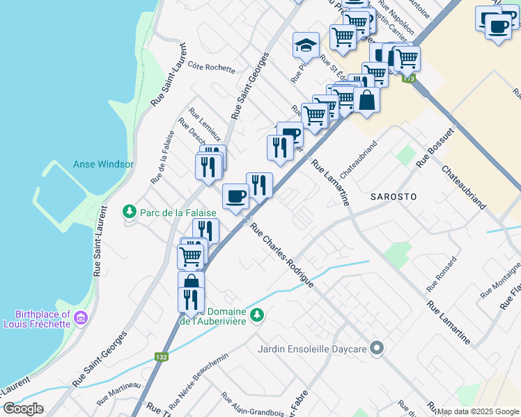 map of restaurants, bars, coffee shops, grocery stores, and more near 4970 Boulevard Guillaume-Couture in Lévis
