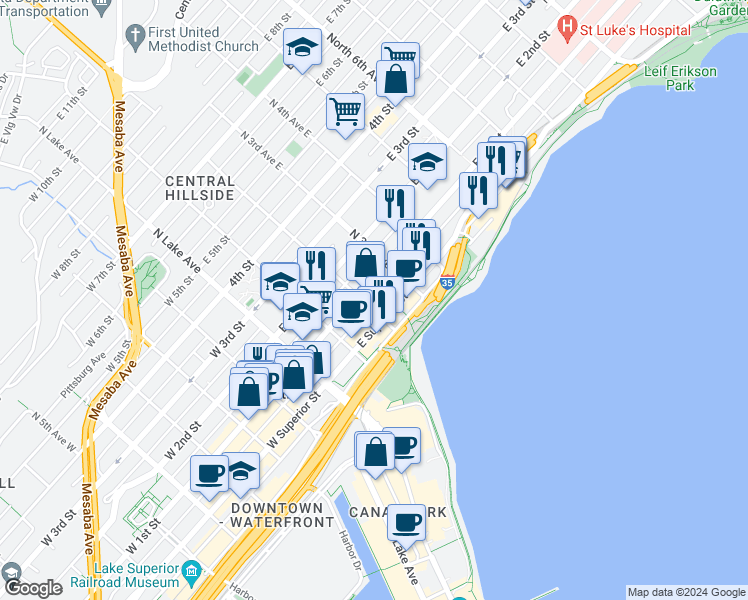 map of restaurants, bars, coffee shops, grocery stores, and more near 211 East Superior Street in Duluth