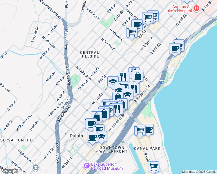 map of restaurants, bars, coffee shops, grocery stores, and more near 3 West 3rd Street in Duluth