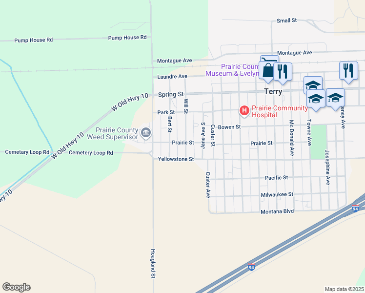 map of restaurants, bars, coffee shops, grocery stores, and more near 901 Will Street in Terry