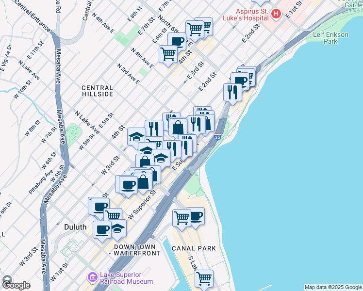 map of restaurants, bars, coffee shops, grocery stores, and more near 18 North 2nd Avenue East in Duluth