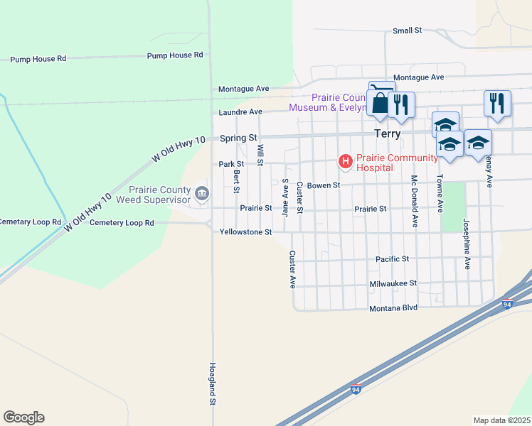 map of restaurants, bars, coffee shops, grocery stores, and more near 901 Will Street in Terry