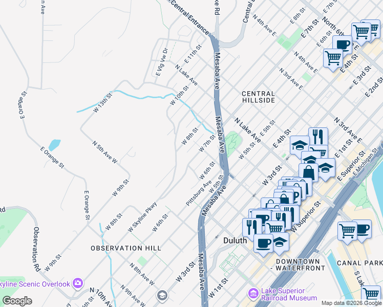 map of restaurants, bars, coffee shops, grocery stores, and more near 213 West 7th Street in Duluth