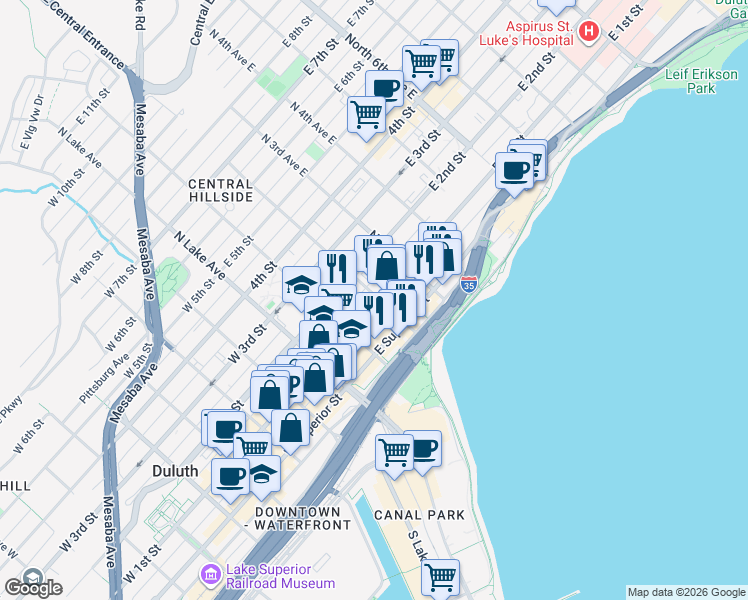 map of restaurants, bars, coffee shops, grocery stores, and more near 113 North 2nd Avenue East in Duluth