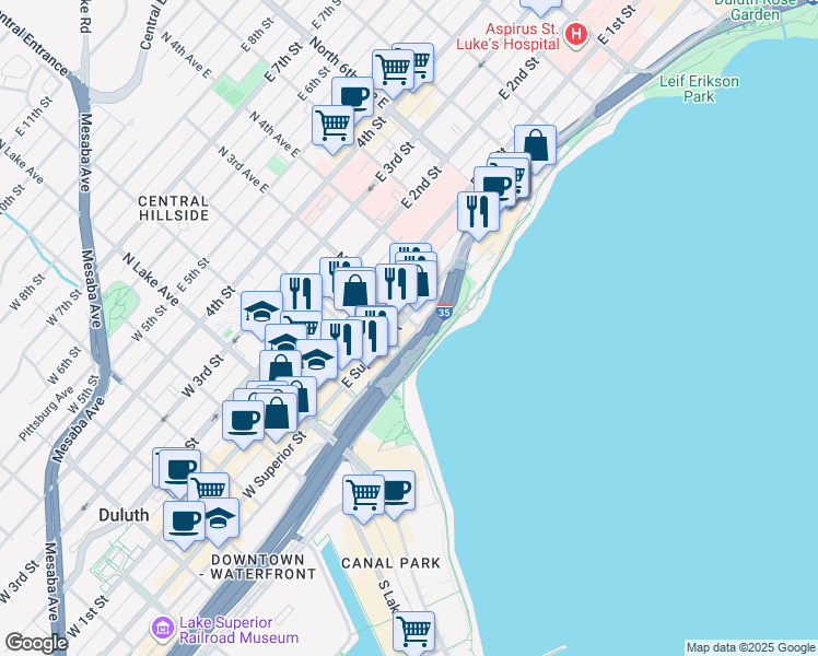 map of restaurants, bars, coffee shops, grocery stores, and more near 230 East Superior Street in Duluth