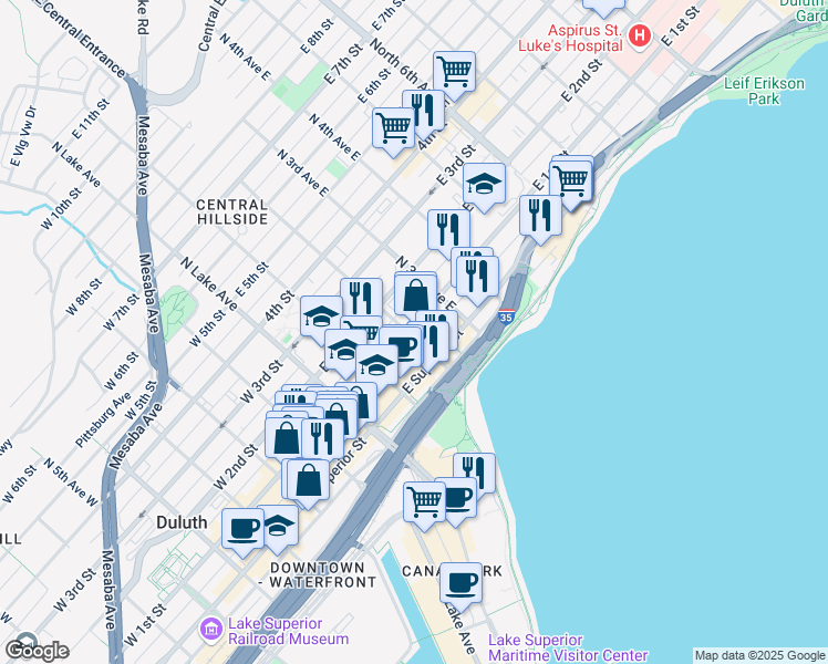 map of restaurants, bars, coffee shops, grocery stores, and more near 202 East 1st Street in Duluth