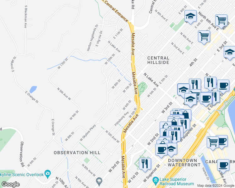 map of restaurants, bars, coffee shops, grocery stores, and more near 213 West 7th Street in Duluth