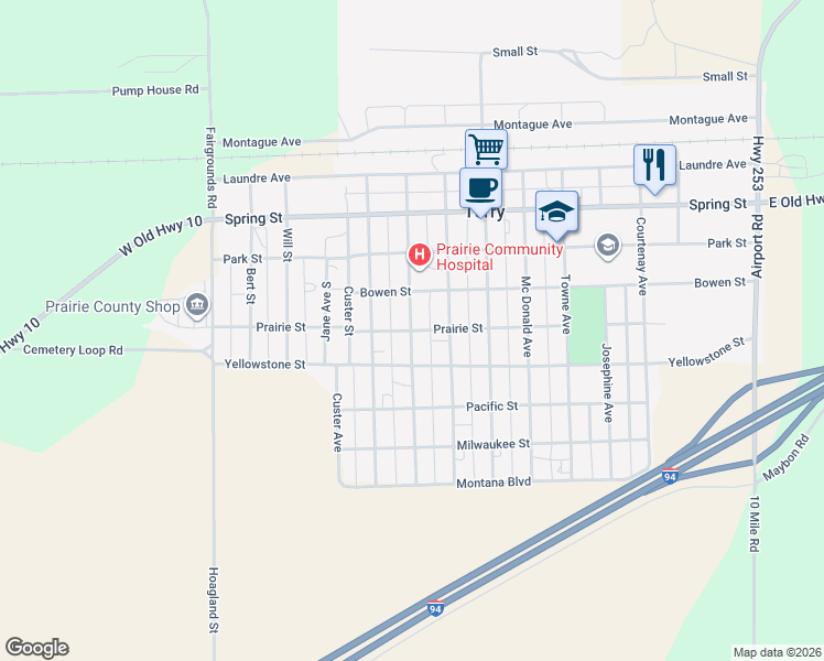 map of restaurants, bars, coffee shops, grocery stores, and more near Prairie Street in Terry