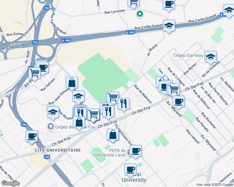 map of restaurants, bars, coffee shops, grocery stores, and more near 2200 Avenue Chapdelaine in Québec