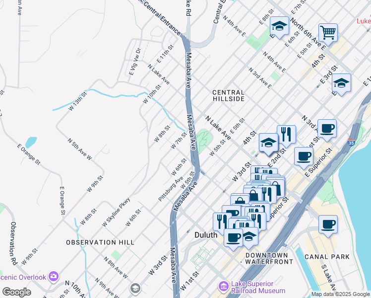 map of restaurants, bars, coffee shops, grocery stores, and more near 611 Mesaba Avenue in Duluth