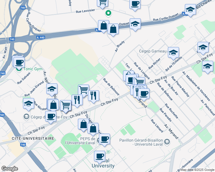 map of restaurants, bars, coffee shops, grocery stores, and more near 790 Rue de Belmont in Ville de Québec