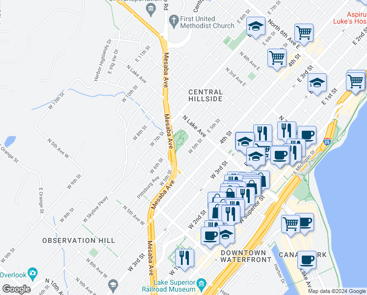 map of restaurants, bars, coffee shops, grocery stores, and more near 513 North 1st Avenue West in Duluth