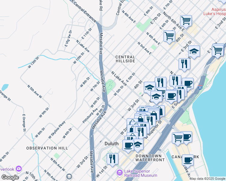 map of restaurants, bars, coffee shops, grocery stores, and more near 514 N 1st Avenue West in Duluth