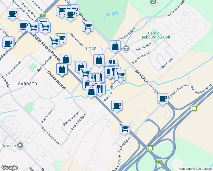 map of restaurants, bars, coffee shops, grocery stores, and more near 5693 Rue J.-B.- Michaud in Lã©Vis