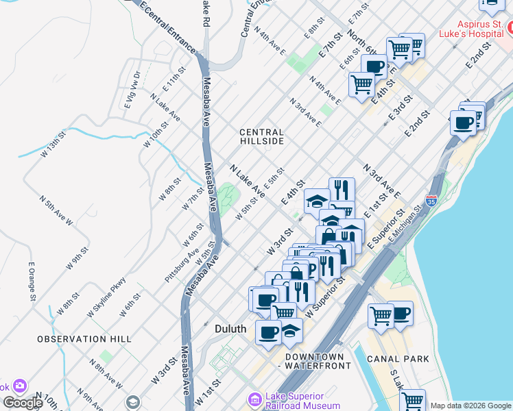 map of restaurants, bars, coffee shops, grocery stores, and more near 14 West 5th Street in Duluth