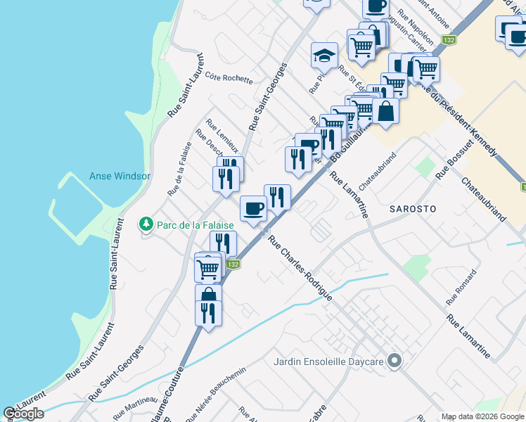 map of restaurants, bars, coffee shops, grocery stores, and more near 4975 Boulevard Guillaume-Couture in Lã©Vis