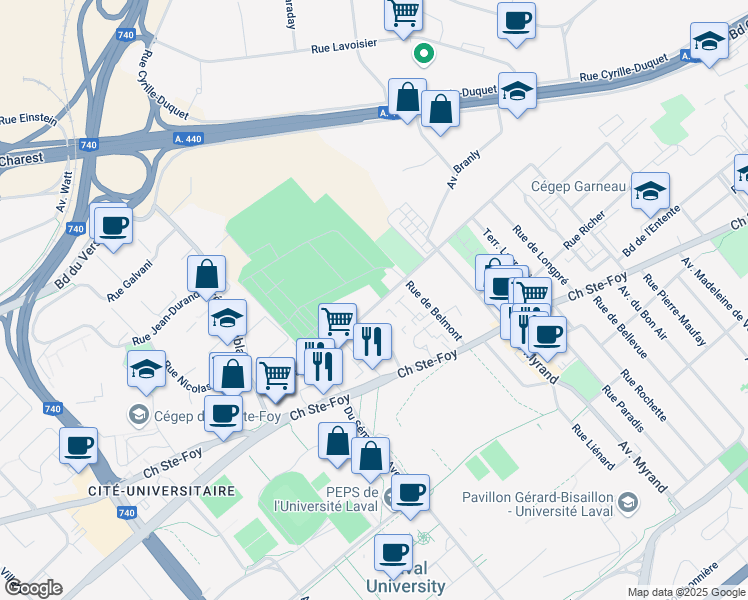 map of restaurants, bars, coffee shops, grocery stores, and more near 2190 Avenue Chapdelaine in Quebec City