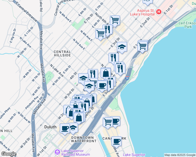 map of restaurants, bars, coffee shops, grocery stores, and more near 117 North 2nd Avenue East in Duluth