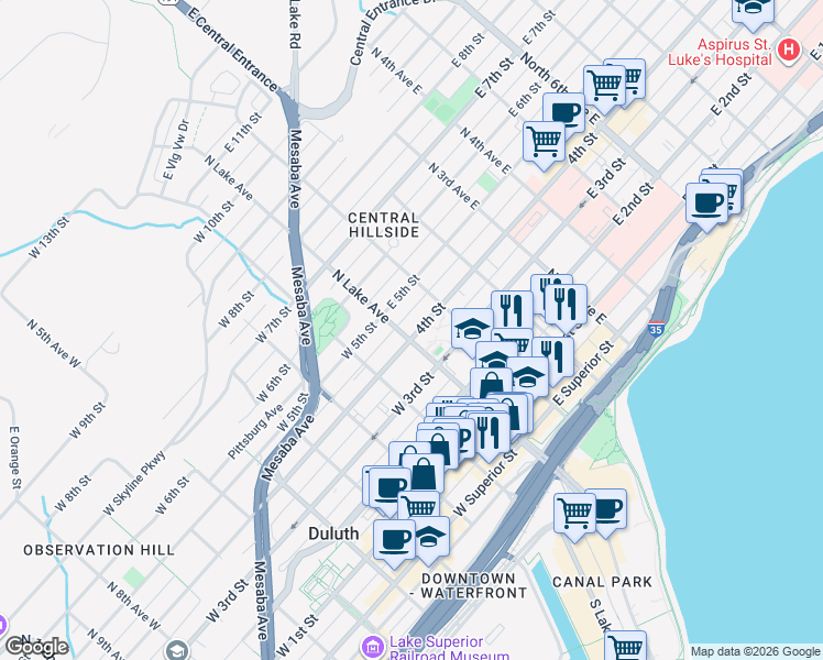 map of restaurants, bars, coffee shops, grocery stores, and more near 405 North Lake Avenue in Duluth