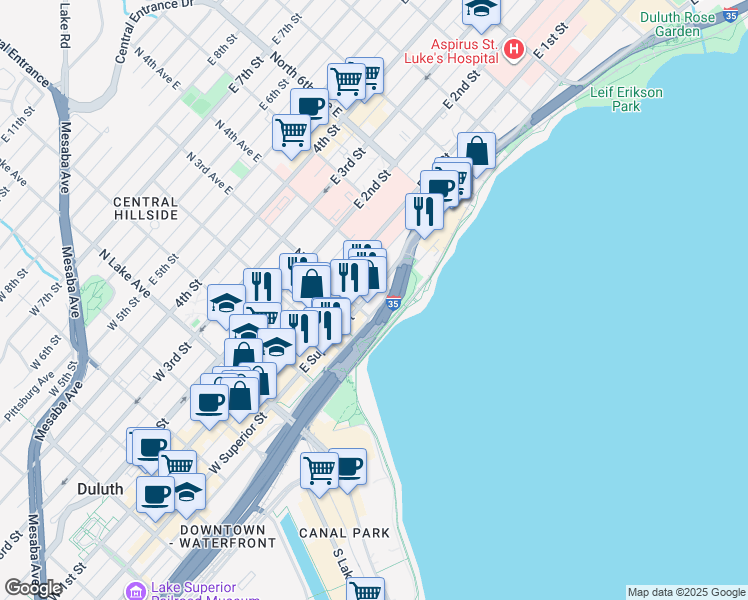 map of restaurants, bars, coffee shops, grocery stores, and more near 230 East Superior Street in Duluth