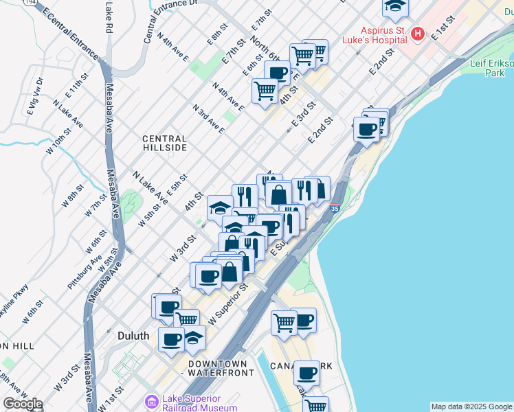 map of restaurants, bars, coffee shops, grocery stores, and more near 129 North 2nd Avenue East in Duluth