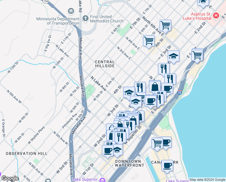 map of restaurants, bars, coffee shops, grocery stores, and more near 9 East 4th Street in Duluth