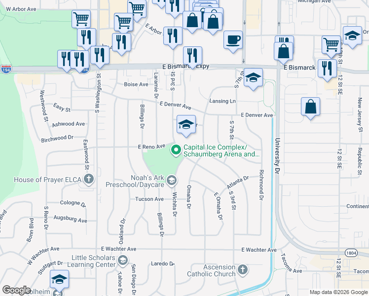 map of restaurants, bars, coffee shops, grocery stores, and more near 1351 South 3rd Street in Bismarck