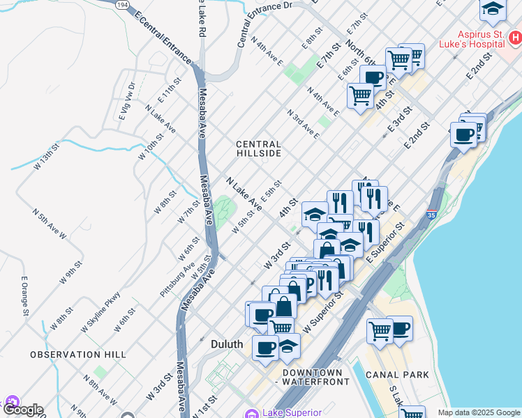 map of restaurants, bars, coffee shops, grocery stores, and more near North Lake Avenue in Duluth