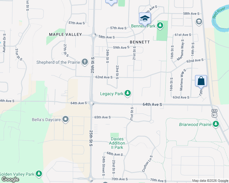 map of restaurants, bars, coffee shops, grocery stores, and more near 2029-2499 64th Ave S in Fargo
