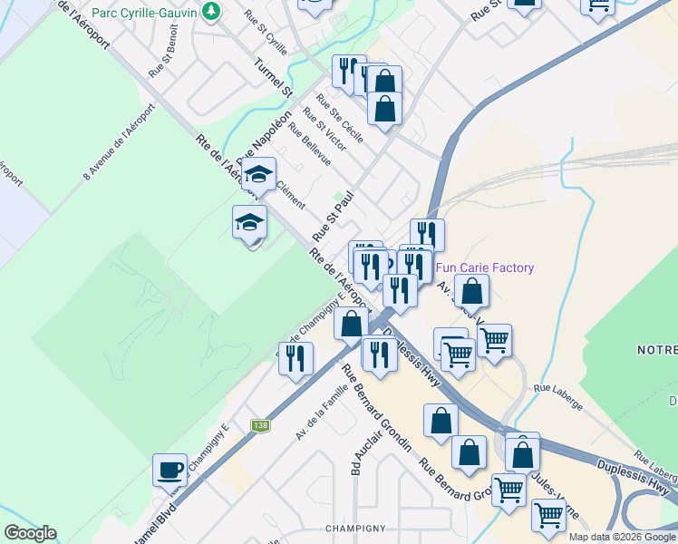 map of restaurants, bars, coffee shops, grocery stores, and more near 1367 Route de l'Aéroport in L'Ancienne-Lorette