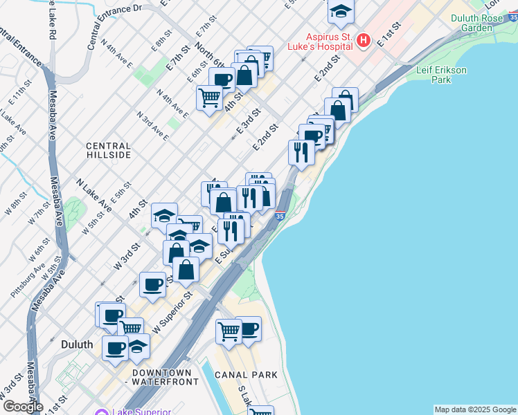 map of restaurants, bars, coffee shops, grocery stores, and more near 17-35 East 4th Street in Duluth