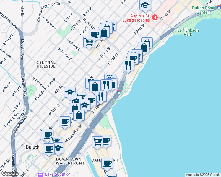 map of restaurants, bars, coffee shops, grocery stores, and more near 311 East Superior Street in Duluth