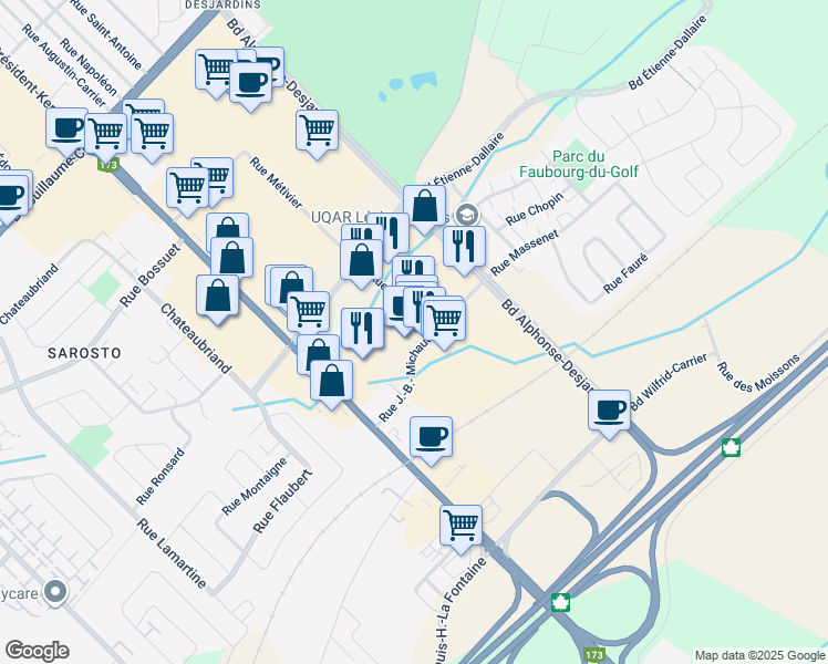 map of restaurants, bars, coffee shops, grocery stores, and more near 1600 Rue Métivier in Levis