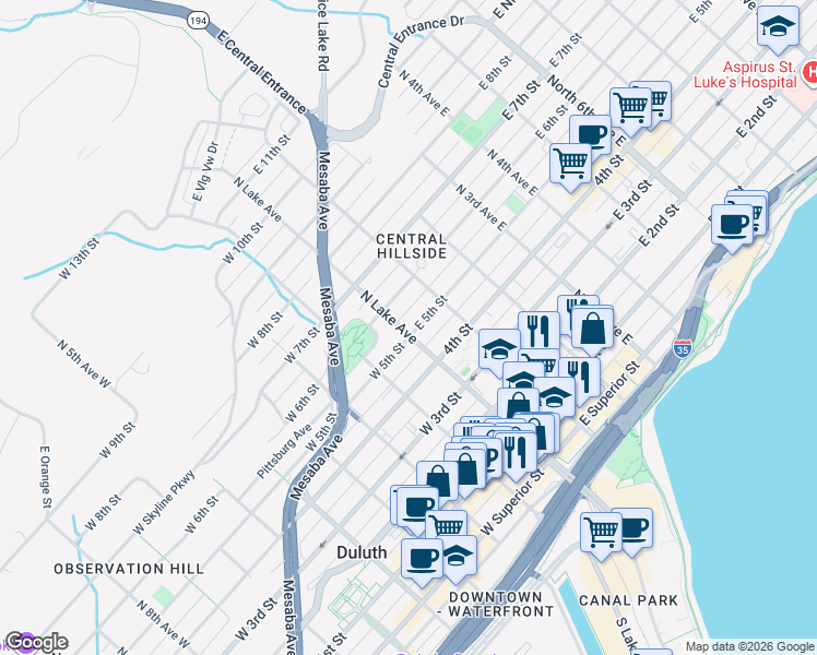 map of restaurants, bars, coffee shops, grocery stores, and more near 1 East 5th Street in Duluth