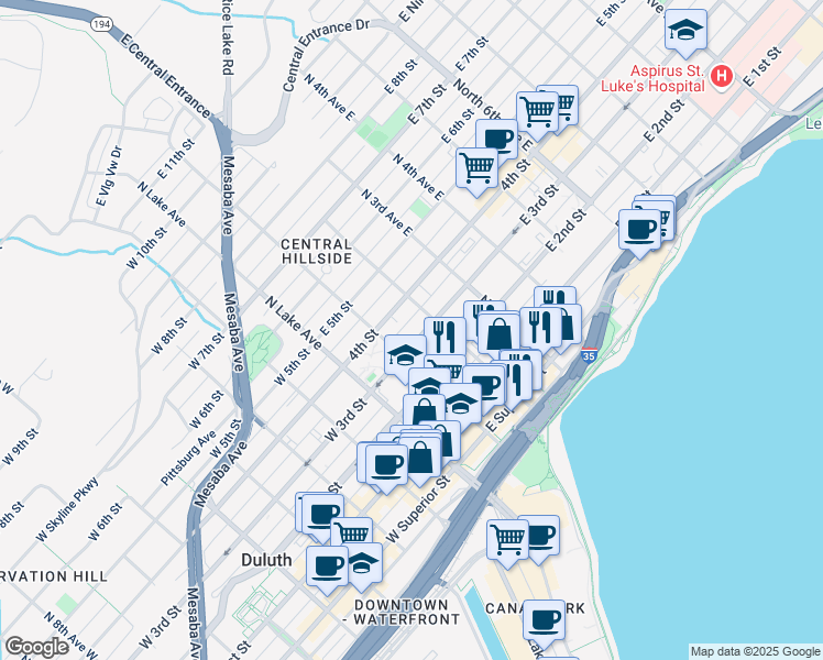 map of restaurants, bars, coffee shops, grocery stores, and more near 327 North 2nd Avenue East in Duluth