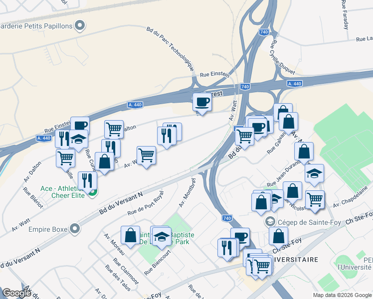 map of restaurants, bars, coffee shops, grocery stores, and more near 2301 Avenue Watt in Québec
