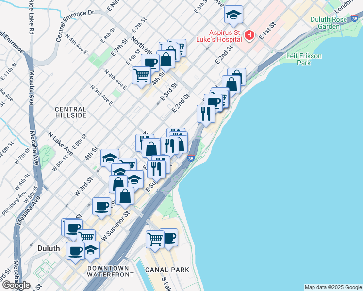 map of restaurants, bars, coffee shops, grocery stores, and more near 17-35 East 4th Street in Duluth