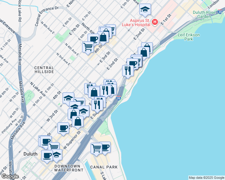 map of restaurants, bars, coffee shops, grocery stores, and more near 17-35 East 4th Street in Duluth