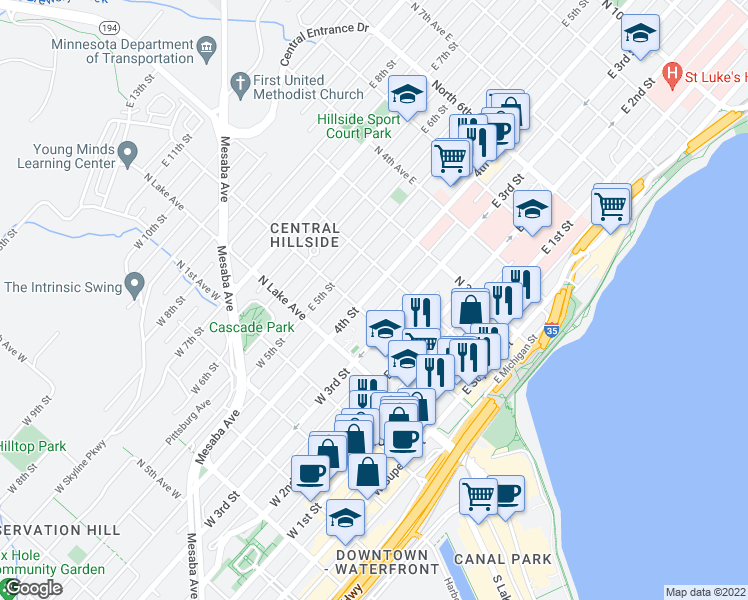 map of restaurants, bars, coffee shops, grocery stores, and more near 112 East 4th Street in Duluth