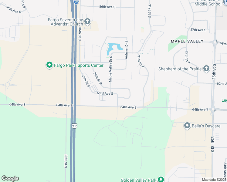 map of restaurants, bars, coffee shops, grocery stores, and more near 6293 35th St S in Fargo